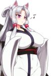  2019 accessory animal_humanoid asian_clothing big_breasts blush breasts canid canid_humanoid canine canine_humanoid clothed clothing duo east_asian_clothing female fox_humanoid grey_hair hair hair_accessory humanoid japanese_clothing kimono long_hair male mammal mammal_humanoid musical_note nipple_outline null_(nyanpyoun) purple_eyes robe sash simple_background smile solo_focus touhoku_itako white_background 