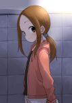  1girl absurdres blush brown_eyes brown_hair closed_mouth commentary_request highres jacket karakai_jouzu_no_takagi-san long_sleeves looking_at_viewer open_clothes open_jacket ponytail red_jacket smile solo takagi-san yamamoto_souichirou 