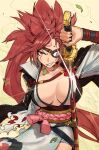  1girl absurdres baiken breasts commentary edpan english_commentary eyepatch forehead_tattoo glint grin guilty_gear highres holding holding_sword holding_weapon japanese_clothes katana kimono large_breasts looking_at_viewer mouth_hold obi red_eyes red_hair rope sanpaku sash scabbard sheath shimenawa smile solo stalk_in_mouth sword tassel unsheathing weapon 