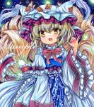  1girl :d bangs blonde_hair blue_background blue_dress blush cowboy_shot dot_nose dress eyebrows_visible_through_hair fang fox_shadow_puppet fox_tail frilled_dress frilled_hat frilled_ribbon frilled_shirt_collar frilled_sleeves frills hair_between_eyes hand_up hat kitsune long_sleeves looking_at_viewer marker_(medium) multiple_tails neck_ribbon ofuda ofuda_on_clothes pillow_hat purple_ribbon red_ribbon ribbon rui_(sugar3) short_hair smile solo standing tail touhou traditional_media two-tone_dress white_dress white_headwear white_sleeves wide_sleeves yakumo_ran yellow_eyes 