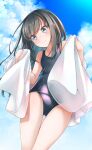 1girl asashio_(kancolle) bangs bare_shoulders black_hair black_swimsuit blue_sky cloud cloudy_sky collarbone comah commentary_request day eyebrows_visible_through_hair green_eyes head_tilt highres holding holding_towel kantai_collection long_hair old_school_swimsuit one-piece_swimsuit outdoors school_swimsuit sky solo standing swimsuit thigh_gap towel very_long_hair 