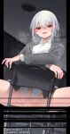  1girl bangs bar_censor bottomless breasts breath censored chair collared_shirt crossed_arms eyebrows_visible_through_hair highres jacket jjune looking_at_viewer medium_breasts on_chair open_clothes open_jacket open_mouth original pussy pussy_peek red_eyes shirt sitting solo white_hair 