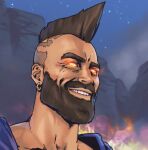  1boy beard brown_hair cliff earrings facial_hair gigachad_(meme) glowing glowing_eyes grin jewelry league_of_legends male_focus meme mohawk night orange_eyes outdoors pantheon_(league_of_legends) phantom_ix_row portrait sky smile solo symbol-only_commentary teeth 