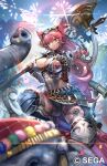  1girl aqua_eyes armor axe battle_axe breasts character_request cleavage company_name copyright copyright_request hand_on_own_chest headband hitowa holding holding_axe kneeling large_breasts leotard long_hair official_art one_knee pink_hair skirt solo weapon 