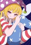  1girl american_flag_dress american_flag_legwear ass bangs blonde_hair blush clownpiece diagonal_stripes feet_out_of_frame flat_chest g4ku hat heart heart-shaped_pupils highres jester_cap knee_up long_hair looking_at_viewer neck_ruff pantyhose polka_dot purple_background purple_eyes purple_headwear short_sleeves simple_background solo star_(symbol) star_print striped symbol-shaped_pupils thighs touhou v-shaped_eyebrows very_long_hair 