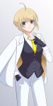  1girl black_gloves black_vest blue_eyes breasts collared_shirt english_commentary eyebrows_visible_through_hair formal gloves hair_behind_ear hand_in_pocket highres jacket medium_breasts mokkei_(_mokkei_) necktie nijisanji nijisanji_id shirt short_hair smile solo suit v-shaped_eyebrows vest white_jacket white_shirt yellow_necktie zea_cornelia 