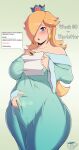  1girl artist_name belly_grab blonde_hair blue_dress blue_eyes blush breasts coffeeslice collarbone covered_navel crown curvy dress earrings hair_over_one_eye hand_on_own_stomach highres holding holding_letter implied_pregnancy jewelry large_breasts letter long_hair mario_(series) off-shoulder_dress off_shoulder open_mouth rosalina simple_background solo star_(symbol) star_earrings super_mario_galaxy wide_hips 