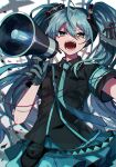  1girl absurdres armband bangs black_gloves black_shirt blue_eyes blue_hair blue_necktie blue_skirt collared_shirt commentary_request danjou_sora dress_shirt eyebrows_visible_through_hair gloves hair_between_eyes hand_up hatsune_miku highres holding holding_megaphone long_hair looking_at_viewer megaphone necktie open_mouth pleated_skirt safety_pin shirt short_sleeves skirt solo twintails v-shaped_eyebrows very_long_hair vocaloid 