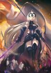  1girl absurdres ahoge armor armored_boots armored_dress bangs banner black_dress black_footwear blurry blurry_foreground boots breasts chain dress fate/grand_order fate_(series) faulds floating_hair fur_boots gauntlets hair_between_eyes headpiece highres holding holding_sword holding_weapon jeanne_d&#039;arc_(alter)_(fate) jeanne_d&#039;arc_(fate) long_hair looking_at_viewer medium_breasts miaosu open_mouth signature silver_hair solo standing sword thigh_boots thighhighs very_long_hair weapon yellow_eyes 