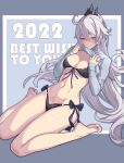  1girl 2022 absurdres ahoge bangs barefoot black_bra black_panties blue_eyes blush bra breasts cleavage closed_mouth clothes_lift eyebrows_visible_through_hair groin hair_between_eyes hair_flaps hair_ornament half-closed_eyes happy_new_year highres honkai_(series) honkai_impact_3rd huiqian jewelry kiana_kaslana lace-trimmed_bra lace-trimmed_panties lace_trim large_breasts leaning_back legs lifted_by_self long_hair looking_at_viewer navel new_year panties ponytail pubic_tattoo ring side-tie_panties silver_hair sitting smile soles solo stomach sweater sweater_lift tattoo toes underwear very_long_hair 