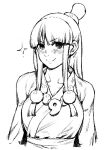  1girl ace_attorney bands bead_necklace beads blush breasts cleavage closed_mouth collarbone eyebrows_visible_through_hair greyscale hatching_(texture) ireading jewelry long_hair magatama magatama_necklace maya_fey monochrome necklace simple_background sketch smile solo sparkle upper_body white_background 