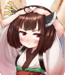  1girl arms_up bandaged_head bandages blush brown_eyes brown_hair closed_mouth eyebrows_visible_through_hair highres long_sleeves looking_at_viewer pout pouty_lips short_hair solo tearing_up tenneko_yuuri touhoku_kiritan upper_body voiceroid 