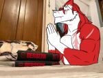  5_fingers bedroom berserk digital_drawing_(artwork) digital_media_(artwork) edit eyes_closed fafnir_stardust_(artist) fingers fur humor inside male meme muscular muscular_male praying red_body red_fur scar sergal simple_coloring smile solo white_body white_fur 