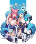  2girls absurdres ahoge ahri_(league_of_legends) bangs black_bow black_gloves blue_background bow breasts censored commentary_request dress drill_hair flower gloves green_ribbon gwen_(league_of_legends) hair_ornament hands_up hetero highres imminent_fellatio inverted_nipples knee_up lan_xiezi large_breasts league_of_legends long_hair medium_breasts mosaic_censoring multiple_girls nail_polish neck_ribbon no_shoes ok_sign penis pink_hair pink_nails pussy ribbon shiny shiny_hair single_thighhigh spirit_blossom_ahri string striped striped_legwear teeth thighhighs tongue tongue_out twin_drills two-tone_bow white_background white_dress x_hair_ornament 
