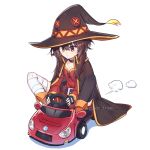  1girl artist_name bangs black_legwear brown_hair brown_headwear choker closed_mouth collarbone commission eyebrows_visible_through_hair fingerless_gloves gloves hair_between_eyes hat kono_subarashii_sekai_ni_shukufuku_wo! long_hair looking_away megumin pon_fresh red_eyes simple_background single_thighhigh sitting solo thighhighs toy_car white_background 