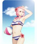  arm_up armpits ball bare_shoulders beachball bikini breasts cleavage floral_print flower hand_on_own_forehead hand_on_own_head hibiscus hirose_yasuho holding holding_ball holding_beachball jojo_no_kimyou_na_bouken jojolion medium_breasts navel pink_hair red_eyes striped striped_bikini swimsuit 