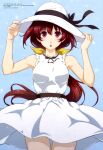  1girl :o absurdres ass_visible_through_thighs bangs bare_arms blush brown_eyes brown_hair clothes_lift dress hair_ribbon hands_on_headwear hat hat_ribbon highres kagami_sumika long_hair looking_at_viewer megami_magazine muvluv muvluv_alternative official_art open_mouth panties panty_peek ribbon scan simple_background skirt skirt_lift solo standing sun_hat sundress underwear white_dress white_panties 