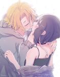  1boy 1girl black_hair black_tank_top blonde_hair blush boku_no_hero_academia choker couple french_kiss hand_on_another&#039;s_face hand_on_another&#039;s_shoulder hetero highres jirou_kyouka kaminari_denki kiss simple_background surprise_kiss surprised tank_top white_background ye_77i 