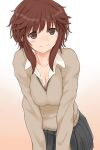  1girl amagami blush breasts brown_eyes brown_hair cleavage commentary_request ganganganso gradient gradient_background highres large_breasts long_hair looking_at_viewer revision sakurai_rihoko school_uniform simple_background skirt smile solo sweater 