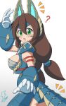  1girl armor blush breasts brown_hair eyebrows_visible_through_hair from_behind gloves green_eyes highres iris_(mega_man) large_breasts long_hair looking_at_viewer low_twintails mega_man_x_dive open_mouth panties signature simple_background solo twintails underwear very_long_hair white_background zinogre_(armor) 
