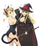  2girls :3 :d animal_ears animal_hands bangs bare_legs bare_shoulders black_cape black_choker black_dress black_gloves black_hairband black_headwear black_leotard blonde_hair blue_eyes breasts brown_eyes cape cat_ears cat_tail choker cleavage closed_mouth collarbone dress elbow_gloves floating_hair fullmetal_alchemist fur-trimmed_gloves fur_trim gloves hair_between_eyes hairband hat heart heart_choker highres holding holding_staff leotard long_dress long_hair long_sleeves looking_at_viewer medium_breasts multiple_girls paw_gloves riza_hawkeye shiny shiny_hair shsh8860 sidelocks sketch smile staff standing strapless strapless_leotard tail tied_hair white_background winry_rockbell witch witch_hat 