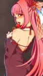  1girl at2. bangs blunt_bangs eyebrows_visible_through_hair from_behind hair_intakes highres kotonoha_akane licking long_hair long_sleeves looking_at_viewer pink_hair red_eyes sexually_suggestive solo tongue tongue_out voiceroid 