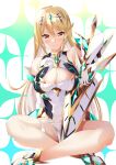  absurdres aegis_sword_(xenoblade) bangs bare_legs bare_shoulders blonde_hair breasts cleavage cleavage_cutout clothing_cutout daive dress earrings elbow_gloves gloves headpiece highres jewelry large_breasts long_hair mythra_(xenoblade) short_dress swept_bangs thigh_strap tiara very_long_hair white_dress white_footwear white_gloves xenoblade_chronicles_(series) xenoblade_chronicles_2 yellow_eyes 