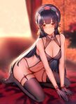  1girl bangs black_bra black_gloves black_hair black_legwear black_panties blunt_bangs blurry blurry_background blush bra breasts cleavage closed_mouth collarbone eyebrows_visible_through_hair full_body genshin_impact gloves highres kitsune_udon_(ai_br) kneeling leaning_forward long_hair looking_at_viewer medium_breasts navel panties red_eyes shiny shiny_hair smile solo thigh_strap thighhighs underwear underwear_only very_long_hair yun_jin_(genshin_impact) 