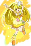  1girl adapted_costume alternate_costume bow choker cosplay cure_papaya cure_papaya_(cosplay) cure_peace eyebrows_visible_through_hair florence_temporary gloves gradient gradient_background hair_between_eyes hair_ornament highres kise_yayoi leg_warmers_past_ankles magical_girl orange_footwear pika_pika_pikarin_jankenpon precure sailor_collar skirt smile_precure! solo tropical-rouge!_precure two-tone_background white_background wide_ponytail yellow_background yellow_bow yellow_choker yellow_gloves yellow_sailor_collar yellow_skirt yellow_theme 