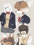  anthro canid canine canis clothed clothing domestic_dog eyes_closed eyewear female glasses group hanakoji_terasu japanese_school_uniform japanese_text kikurage kuroshiba_nagomi kusuda_korone mammal smile text translation_request 