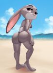  2022 anthro bikini breasts clothed clothing disney eyebrows female fingers hi_res judy_hopps krayboost lagomorph leporid long_ears looking_at_viewer mammal outside purple_eyes rabbit swimwear zootopia 