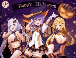  3girls absurdres black_gloves black_legwear black_leotard blonde_hair blue_eyes blush braid breasts cleavage covered_navel eyebrows_visible_through_hair fang finger_to_mouth gloves grin halloween halter_top halterneck happy_halloween highres kizuna_akari large_breasts leotard lips long_hair looking_at_viewer medium_hair multicolored_clothes multicolored_legwear multiple_girls one_eye_closed open_mouth orange_legwear parted_lips purple_eyes purple_hair skin_fang smile striped striped_legwear teeth tenneko_yuuri thighhighs tsurumaki_maki twin_braids vertical-striped_legwear vertical_stripes very_long_hair voiceroid white_gloves yuzuki_yukari 