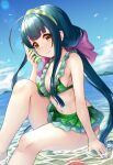  1girl bikini black_hair blue_sky blush bottle bow breasts brown_eyes cleavage closed_mouth day eyebrows_visible_through_hair green_bikini hair_bow highres holding holding_bottle knee_up large_breasts lips long_hair looking_at_viewer nail_polish ocean outdoors pink_bow sitting sky smile solo swimsuit tenneko_yuuri touhoku_zunko very_long_hair voiceroid water 