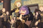  &gt;_&lt; 2boys 6+girls :o bangs bernadetta_von_varley black_headwear black_jacket black_pants black_skirt blonde_hair blunt_bangs brown_hair cabbie_hat commentary dorothea_arnault english_commentary fire_emblem fire_emblem:_three_houses flying_teardrops garreg_mach_monastery_uniform green_eyes green_hair green_little hat ingrid_brandl_galatea jacket juliet_sleeves long_hair long_sleeves looking_at_another multiple_boys multiple_girls open_mouth palms_together pants puffy_sleeves purple_hair skirt skirt_set tears v-shaped_eyebrows 