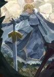  1girl absurdres ahoge arm_at_side armor armored_boots armored_dress artoria_pendragon_(fate) blonde_hair blue_cape blue_dress blue_ribbon boots braid breastplate cape clarent_(fate) dress dutch_angle excalibur_(fate/stay_night) fate/grand_order fate_(series) french_braid fur-trimmed_cape fur_trim gauntlets gold_trim grass hair_ribbon highres looking_to_the_side noko_morokoshi painterly planted planted_sword ribbon saber solo solo_focus sword weapon 