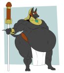  2021 a-side anthro anubian_jackal belly big_belly bottomwear canid canine canis chubby_anthro chubby_male claws clothing headdress hi_res holding_object holding_staff jackal khopesh_(a-side) loincloth looking_at_viewer male mammal mostly_nude musclegut muscular_arms overweight overweight_anthro overweight_male penis_shape slightly_chubby smile smug solo staff thick_thighs wide_hips wristband 