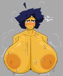  angry anthro big_breasts bisharp blue_hair blush bodily_fluids breasts colt_(shewiff) female glistening glistening_body hair hi_res huge_breasts humanoid looking_at_viewer nintendo pok&eacute;mon pok&eacute;mon_(species) scar shewiff solo sweat sweatdrop video_games yellow_body 