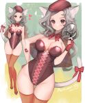  1girl :3 animal_ears arm_behind_back bow bowtie breasts capelet cat_ears cat_tail cleavage closed_mouth hand_up hat highleg highleg_leotard highres hitowa holding holding_magnifying_glass leotard long_hair looking_at_viewer magnifying_glass medium_breasts multiple_views orange_legwear original red_eyes ribbon silver_hair smile standing strapless strapless_leotard tail tail_ornament tail_ribbon thighhighs 