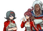  3girls asahina_aoi bandages black_eyes black_hair blue_eyes blue_sailor_collar blue_skirt breasts brown_hair character_request cleavage closed_mouth crossed_arms danganronpa:_trigger_happy_havoc danganronpa_(series) hair_ornament hairband jacket jacket_on_shoulders multiple_girls muscular muscular_female oogami_sakura open_mouth pleated_skirt ponytail red_hairband red_jacket sailor_collar scar scar_on_arm scar_on_face school_uniform serafuku simple_background skirt smile tank_top track_jacket white_background white_hair white_tank_top youko-shima 