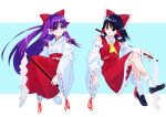  2girls absurdres ascot bangs bare_shoulders black_eyes black_footwear black_hair bow breasts closed_mouth collared_vest detached_sleeves dual_persona frilled_bow frilled_skirt frills full_body gohei guumin hair_bow hair_tubes hakama hakurei_reimu hakurei_reimu_(pc-98) happy highres holding japanese_clothes kimono loafers long_hair long_sleeves medium_hair midriff_peek miko multiple_girls purple_eyes purple_hair red_bow red_hakama red_ribbon red_skirt red_vest ribbon ribbon-trimmed_sleeves ribbon_trim sash shoes sidelocks skirt small_breasts smile socks tabi touhou touhou_(pc-98) very_long_hair vest white_bow white_kimono white_legwear white_sash white_sleeves wide_sleeves yellow_ascot 