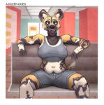  absurd_res african_wild_dog anthro belly big_ears bottomwear canid canine cargo_shorts clothing coy digital_media_(artwork) dreamworks_smirk eyebrows female fur hi_res licking licking_lips mammal manspreading multicolored_body multicolored_fur navel nipple_outline nipples_through_clothes open_mouth restaurant sharp_teeth shirt shorts sitting smile solo tank_top teeth tongue tongue_out topwear viola_(xmobile) xmobile 