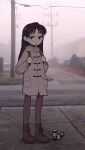  1girl backpack bag bangs boots brown_footwear can coat english_commentary flat_chest flcl full_body green_shirt half-closed_eyes highres kemori long_hair long_sleeves looking_at_viewer ninamori_eri open_mouth outdoors pantyhose pavement purple_hair shirt solo standing utility_pole 