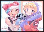  2girls apex_legends bangs beige_tank_top blonde_hair blue_bodysuit blue_eyes blue_gloves blue_headwear bodysuit character_name copyright_name dark-skinned_female dark_skin detached_sleeves double_bun gloves head_tilt headband headset heart highres hood hooded_jacket jacket lifeline_(apex_legends) looking_at_viewer mask mask_around_neck moro_tarou multiple_girls orange_jacket red_hair ribbed_bodysuit smile wattson_(apex_legends) white_bodysuit white_headband 