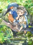  1girl ame_sato animal blue_bird cloud commentary_request day fishing fishing_line fishing_rod hat nature original outdoors oversized_animal painting_(medium) river sitting sky solo straw_hat tired traditional_media tree water 