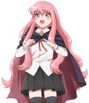  1girl :d black_legwear black_robe black_skirt blush eyebrows_visible_through_hair highres kam_ezmr long_hair looking_at_viewer louise_francoise_le_blanc_de_la_valliere open_mouth pink_eyes pink_hair pleated_skirt red_ribbon ribbon simple_background skirt smile thighhighs thighs wand white_background zero_no_tsukaima 