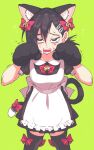  1girl animal_ear_fluff animal_ears animal_hands apron asymmetrical_bangs bangs bell black_dress black_eyes black_hair black_legwear bow bow_legwear bowtie breasts bright_pupils cat_ears cat_paws cat_tail chainsaw_man commentary crying dress english_commentary fake_animal_ears fangs feet_out_of_frame flying_sweatdrops frilled_apron frills furrowed_brow green_background hair_between_eyes hair_bow hair_ornament hairclip hands_up higashiyama_kobeni highres inkerton-kun jingle_bell long_hair looking_at_viewer maid mole_on_cheek open_mouth red_bow red_bowtie short_dress short_sleeves simple_background small_breasts solo sweat tail tail_bow tail_ornament teeth thighhighs trembling upper_teeth white_apron white_pupils zettai_ryouiki 