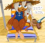  absurd_res admiral_brickell anthro beach beach_chair bloons_tower_defense blue_eyes brown_body brown_fur camel_toe clothing female fur goatboydraws gun hair handgun haplorhine hat headgear headwear hi_res looking_at_viewer mammal monkey one-piece_swimsuit primate ranged_weapon revolver seaside solo speech_bubble straw_hat sunscreen swimwear text weapon white_hair 