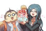  1boy 1girl backpack bag black_hair black_jacket blue_hair closed_eyes collared_shirt danganronpa:_trigger_happy_havoc danganronpa_(series) danganronpa_v3:_killing_harmony glasses holding holding_magazine jacket japanese_clothes kimono magazine_(object) monomi_(danganronpa) necktie obi open_mouth sash shirogane_tsumugi shirt simple_background smile white_background yamada_hifumi youko-shima 