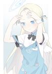  1girl apron arms_up black_ribbon blonde_hair blue_apron blue_archive blue_eyes closed_mouth collared_shirt forehead halo hands_up highres light_blush long_hair mini_wings name_tag pout ribbon scrunchie shirt short_eyebrows short_sleeves simple_background solo sora_(blue_archive) strap_slip striped striped_ribbon todatanoto touching_forehead two_side_up white_scrunchie white_shirt wings wrist_scrunchie 