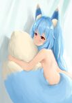  1girl absurdres animal_ear_fluff animal_ears bangs blue_hair completely_nude cumianjun fox_ears fox_girl fox_tail hair_over_shoulder highres long_hair nude original red_eyes shiny shiny_hair solo tail tail_hug 